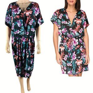 BOBEAU Satin Twist Front Black Floral-Print Dress MEDIUM